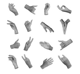 Taking, grabbing, different gestures, hand signs, finger symbols, body language isolated on white...
