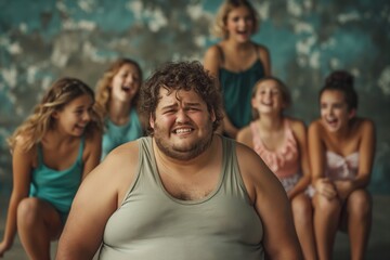 A bearded man in a tank top is smiling in the foreground, surrounded by a group of women laughing, creating a lively and joyful atmosphere that captures candid interaction.