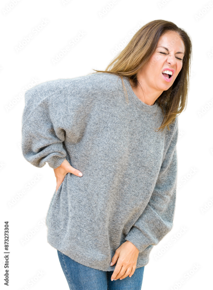 Poster Beautiful middle age woman wearing winter sweater over isolated background Suffering of backache, touching back with hand, muscular pain