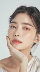 Beautiful Young Asian Female Model with Korean Makeup on Black Background, Highlighting Cosmetic Surgery Marketing, Skincare, and Beauty Industry, AI-Generated High-Resolution Wallpaper Showcasing Con