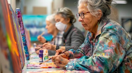 The community center conducts an art therapy session for people with dementia, during which participants create colorful paintings