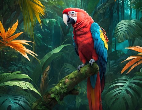 A Scarlet Macaw Perched on a Branch in a Lush Rainforest, parrot