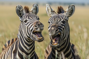 Fototapeta premium A humorous wildlife scene featuring two zebras standing close together, Playful Zebras Interacting in Their Natural Habitat