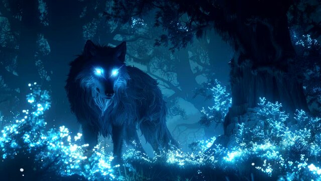 Glowing wolf in enchanted forest under moonlit sky. Fantasy wildlife concept