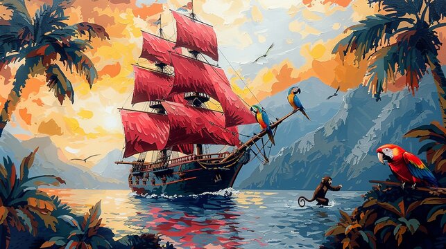 Pirate ship on a treasure hunt with parrots and pirate monkeys. , Minimalism,