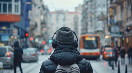 Fototapeta premium Person walking through a city street, wearing headphones, and enjoying music