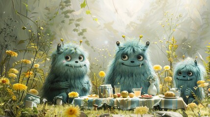 Friendly monsters having a picnic in a whimsical meadow. , Minimalism,