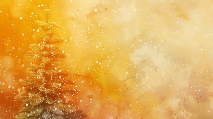Minimalist and colorful Christmas backdrop on a yellow-orange textured background with grunge and watercolor stains, muted earth tones