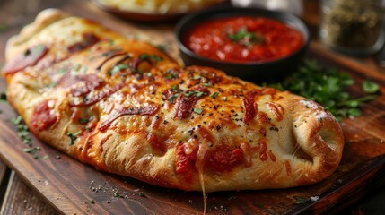 A delicious pepperoni calzone with melted cheese and marinara dipping sauce, served on a wooden board
