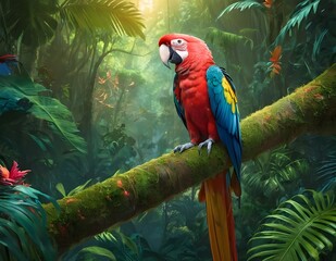 A Scarlet Macaw Perched on a Branch in a Lush Rainforest, parrot