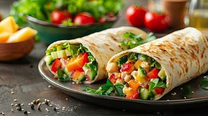 A delicious veggie wrap with hummus, fresh vegetables, and a side of fruit salad
