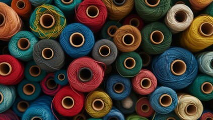 A pile of colorful spools of thread arranged together.
