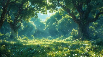 Fototapeta premium Adventure in a fantastical forest with elves, sprites, and talking trees. , Minimalism,