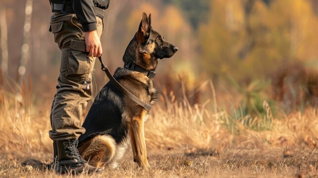 A German Shepherd attentively working with its handler during a K9 training session in a field medium shot, highlighting the teamwork
