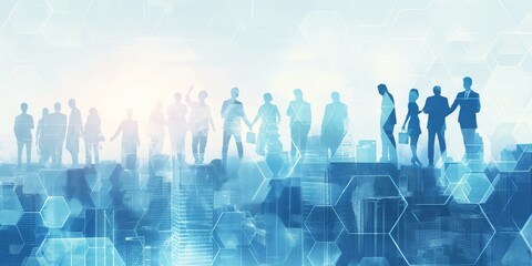 Silhouettes of business people working together overlaid on a cityscape with a digital, hexagonal pattern.