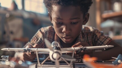 A hyper-realistic close up shot of a Black boy, 11, building a model airplane with intricate details, focused concentration and a sense of accomplishment