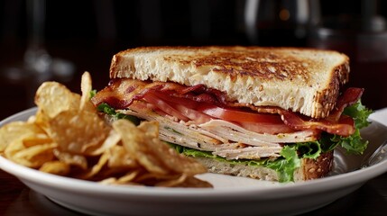 Close-up of a classic club sandwich with turkey, bacon, lettuce, and tomato, served with a side of chips