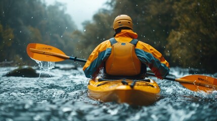 A man goes whitewater kayaking on a cloudy day, navigating through rapids with intense focus and skill. Close up shot from behind, conveying the adrenaline rush and technicality of the sport