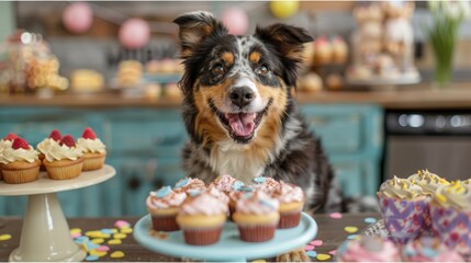 a dog attending a dog bakery birthday party, surrounded by cupcakes and dog treats wide shot, capturing the festive atmosphere