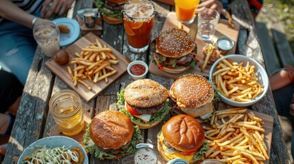 Fototapeta premium A group of friends enjoying fast food at a casual outdoor setting, with burgers, fries, and milkshakes spread out on a picnic table