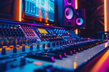 The sound of creativity a close up of a mixing board in a music studio