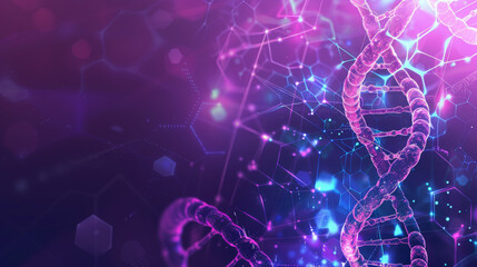 Abstract background with DNA helix, loading circles, bar graph, hexagon pattern. Hologram, illustration, report, business, molecule, technology concept.