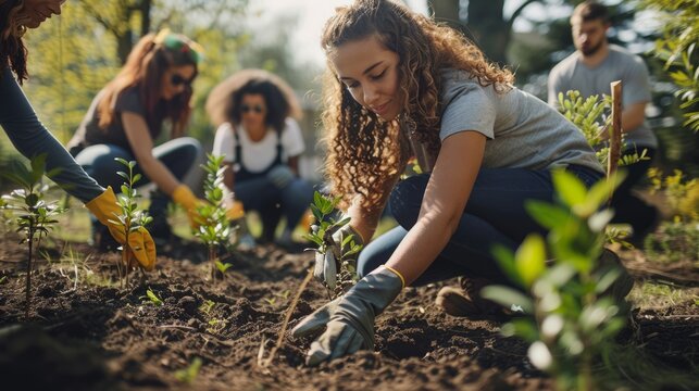 A group of volunteers plant trees in a public park, working together to make a positive impact on the environment.