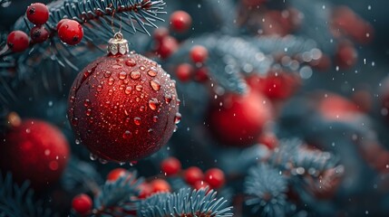 Christmas tree adorned with red baubles and glistening water droplets.