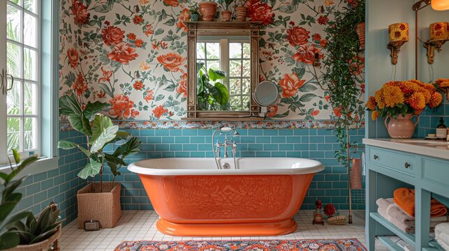 Bathroom with floral wallpaper and orange bathtub.