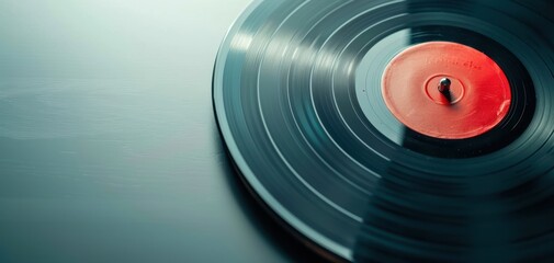 Close-up of a vintage vinyl record with a red center, half spinning on a turntable, highlighting the grooves and surface texture.