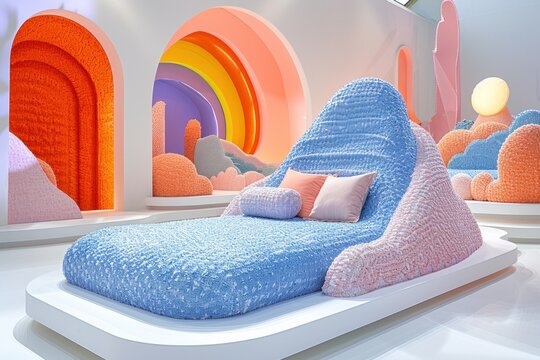 A modern cafe features a plush, cloud-shaped sofa with pillows