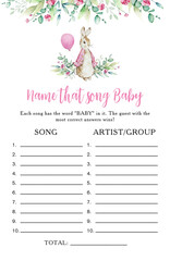 Game card Name that song with watercolor pink Peter Rabbit