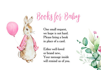 Books for baby card with watercolor pink Peter rabbit