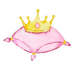Watercolor princess crown on pink pillow, fairy tale illustration © SvetaArt