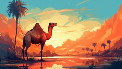 Camel kneeling to rest flat design front view oasis theme animation Triadic Color Scheme