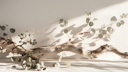 Simple display for showcasing products Minimalist setup with fallen tree and eucalyptus branch casting shadows