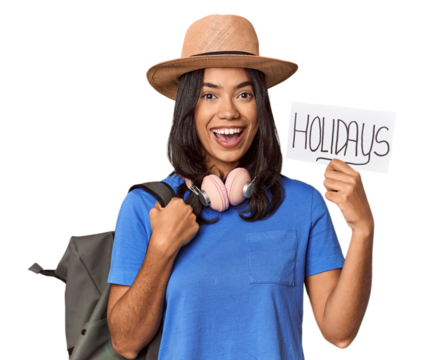 Young filipino woman with "holidays" sign