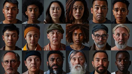 Obraz premium Portraits of diverse individuals of different ages and ethnicities.