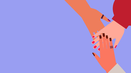 Three, white female hands. Concept on sisterhood, support, collaboration, teamwork. Colorful vector illustration on purple background. Banner 
