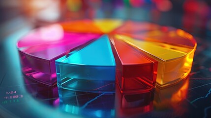 Colorful 3D pie chart with transparent segments representing data visualization in a modern, futuristic design for business and analytics.