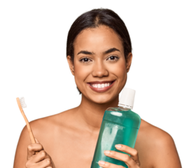 Young Filipino with toothbrush and mouthwash, oral care