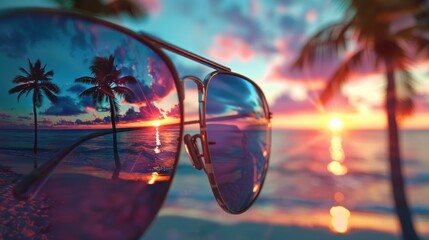 Tropical Sunset Paradise Reflected in Sunglasses. Summer Vacation Vibes