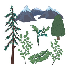 Adobe ISet with images of mountains, trees, branches, leavesllustrator Artwork