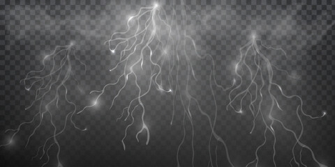 Light white isolated vector lightning png. Realistic natural lightning effectThunderstorm. Strength Energy charge Thunder. Blitz Lightning Thunder Light Sparks Storm Flash