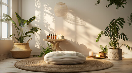 Serene Meditation Space with Natural Light and Indoor Plants