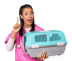Young Filipina vet holding pet carrier having an idea, inspiration concept.