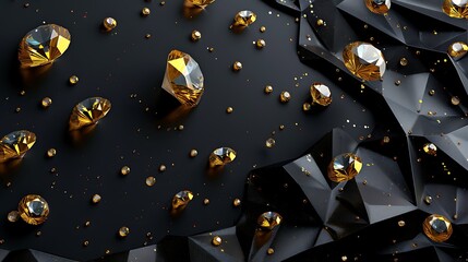 Minimalistic black background with gold diamond shapes, colorful accents, luxurious feel, ultra HD high quality