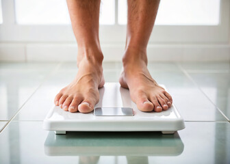 Close-up of feet standing on a sleek, white bathroom scale, isolated on a clean background, showcasing a moment of personal health tracking and self-care routine.