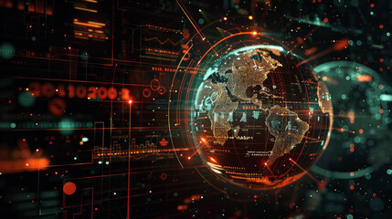 Hologram-like images of graphs, a globe and texts rotate on a black background. The illustrations represent technology-related concepts such as globalization and protection.