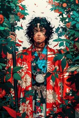 Fototapeta premium A colorful anime-style illustration of a mystical healer with a staff, wearing natural robes.